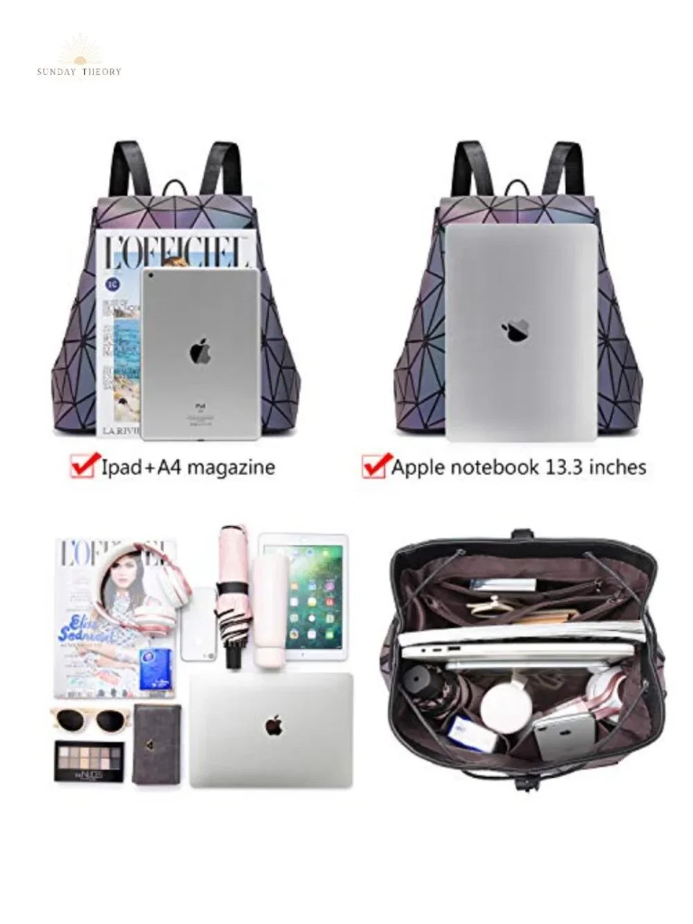 Geometric Reflective Crossbody Bag Set with Backpack and Wallet, Holographic